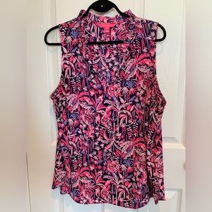 Lilly Pulitzer Amandine Sleeveless Top in Bright Navy Swing of Things print, XL